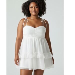 Lulus White Chiffon Tiered Babydoll Mini Dress XL Ruched Tie Strap New With Tags